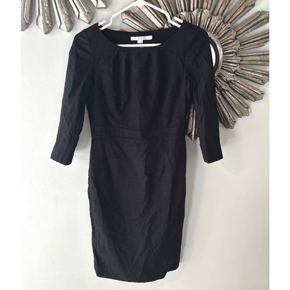 Boden Black Wool Blend Sheath Dress 4R Pleated Neck 3/4 Sleeve Officecore W0008